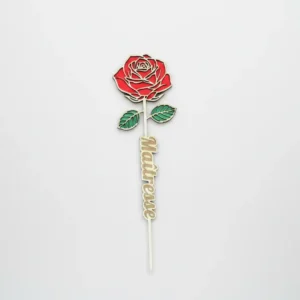 Pic à fleurs personnalisé Maîtresse en bois gravé avec rose rouge, cadeau de remerciement pour maîtresse, ATSEM ou nounou, décoration de bouquet de fin d'année scolaire.