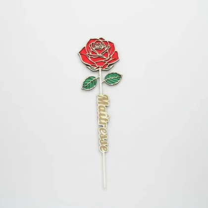 Pic à fleurs personnalisé Maîtresse en bois gravé avec rose rouge, cadeau de remerciement pour maîtresse, ATSEM ou nounou, décoration de bouquet de fin d'année scolaire.