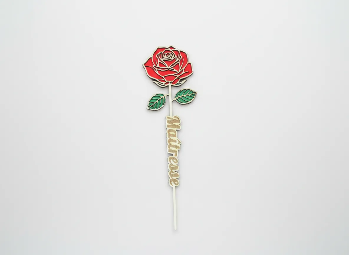 Pic à fleurs personnalisé Maîtresse en bois gravé avec rose rouge, cadeau de remerciement pour maîtresse, ATSEM ou nounou, décoration de bouquet de fin d'année scolaire.