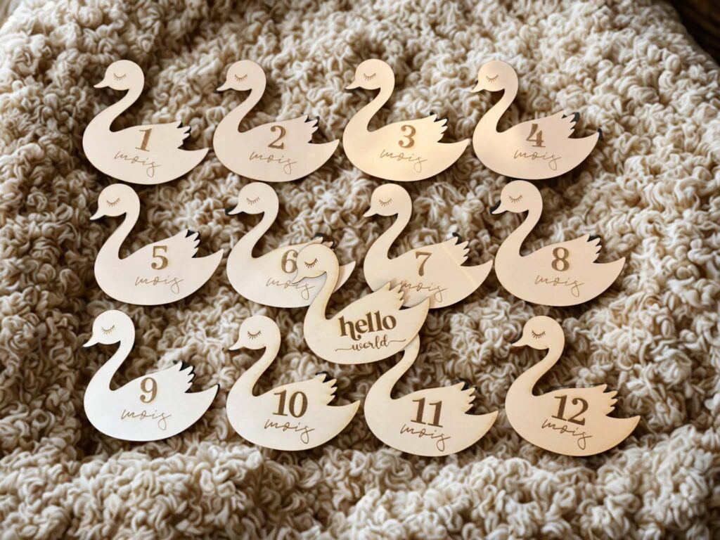 Cartes étapes bébé en bois thème cygne de 1 à 12 mois avec carte Hello World pour photos souvenirs