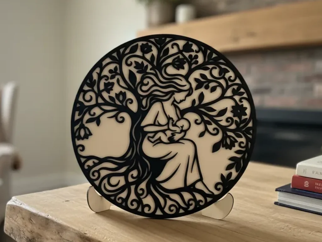 Plaque décorative en bois représentant une maman allaitant son bébé sous un arbre de vie