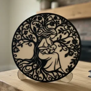 Plaque décorative en bois représentant une maman allaitant son bébé sous un arbre de vie