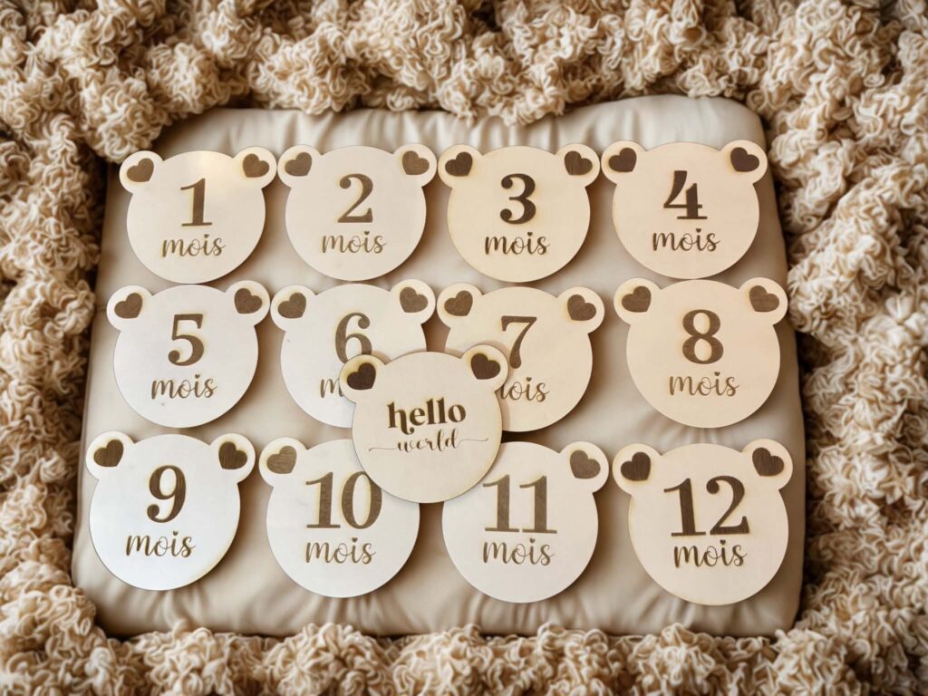 Cartes étapes bébé en bois thème ourson de 1 à 12 mois pour photos souvenirs de la première année