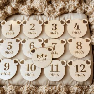 Cartes étapes bébé en bois thème ourson de 1 à 12 mois pour photos souvenirs de la première année