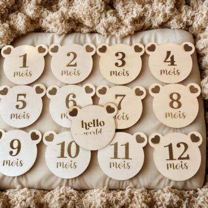 Cartes étapes bébé en bois thème ourson de 1 à 12 mois pour photos souvenirs de la première année