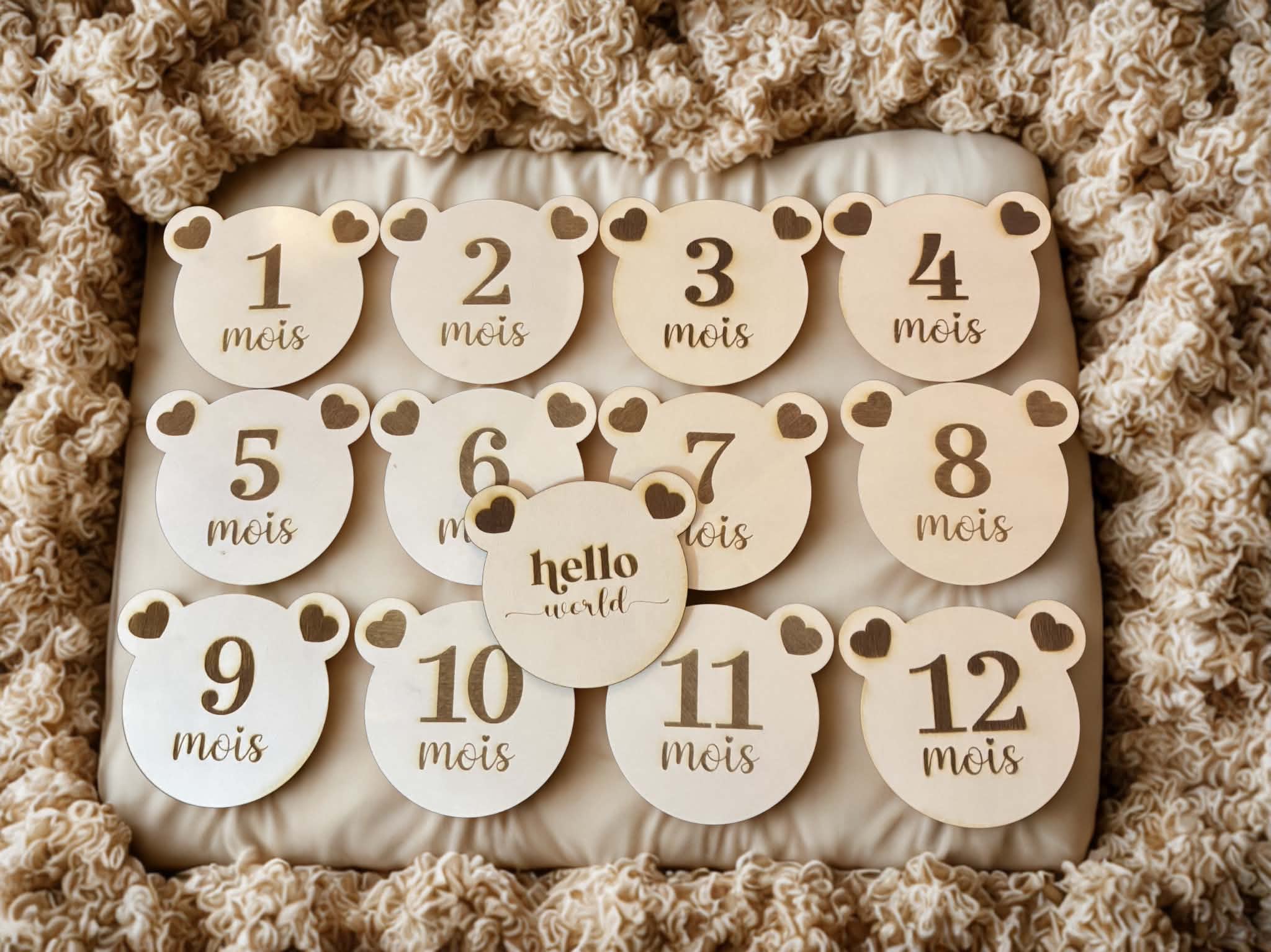Cartes étapes bébé en bois thème ourson de 1 à 12 mois pour photos souvenirs de la première année