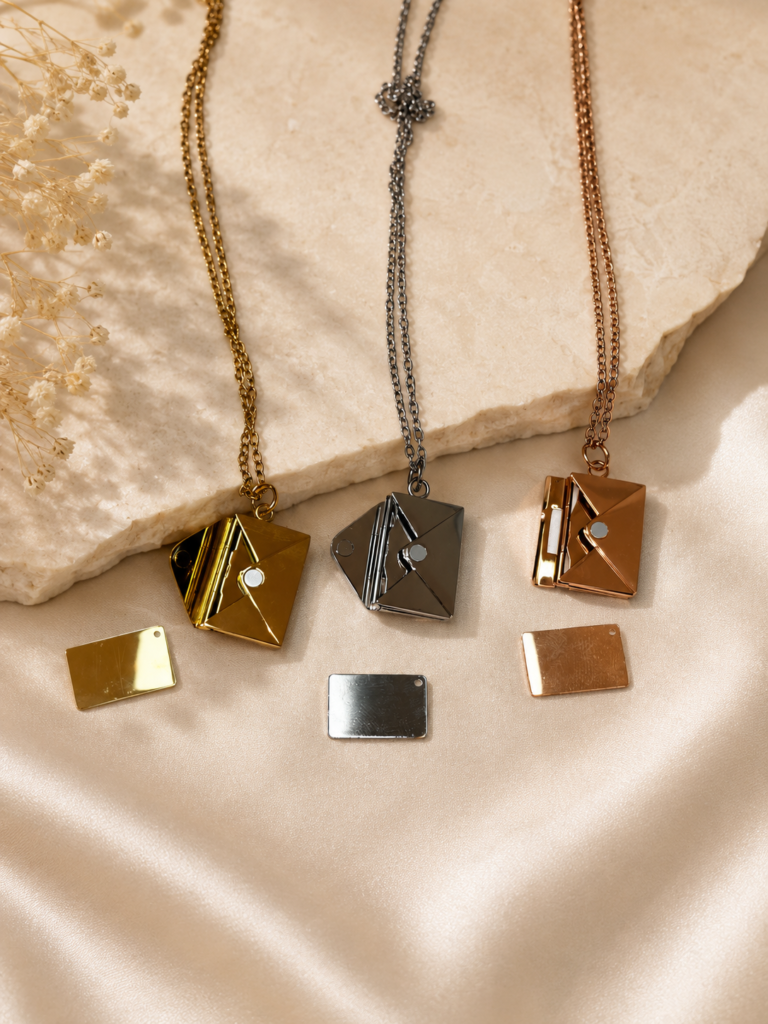 Collier enveloppe personnalisable en métal disponible en or, argent et or rose avec carte intérieure gravée sur mesure.