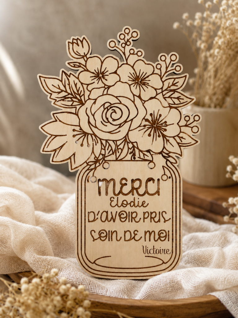 Offrez un bouquet de fleurs en bois personnalisé gravé au laser. Cadeau unique pour maîtresse, nounou, ATSEM ou cadeau de remerciement. Fabrication artisanale française.