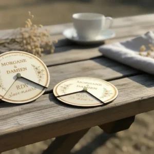 Faire-part de mariage rotatif personnalisé en bois avec prénoms des mariés et date de l'événement révélée grâce à un mécanisme pivotant.
