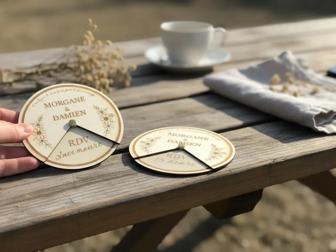 Faire-part de mariage rotatif personnalisé en bois avec prénoms des mariés et date de l'événement révélée grâce à un mécanisme pivotant.