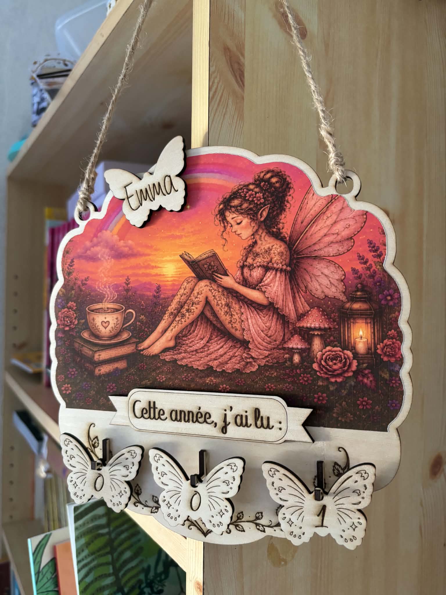 Compteur de lecture en bois sur le thème féerique, personnalisé avec un prénom. L'illustration représente une fée lisant un livre dans un univers enchanteur aux couleurs roses et violettes. Les marqueurs de progression sont des papillons numérotés permettant de compter les livres lus tout au long de l'année. Décoration idéale pour les passionnés de lecture et les amateurs d'univers fantastiques.