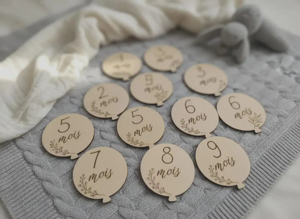 Cartes étapes bébé en bois forme ballon de 1 à 12 mois pour photos souvenirs de la première année
