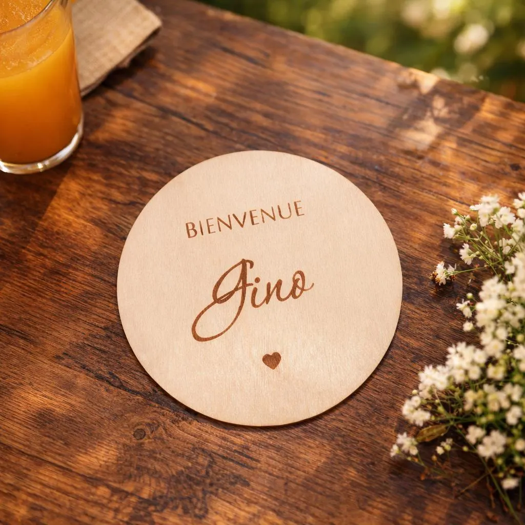 Disque de naissance personnalisé en bois de 10 cm avec prénom gravé pour annonce de naissance et photo de bébé