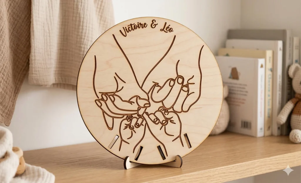 Plaque famille personnalisée en bois gravé avec prénoms et mains de parents et enfants