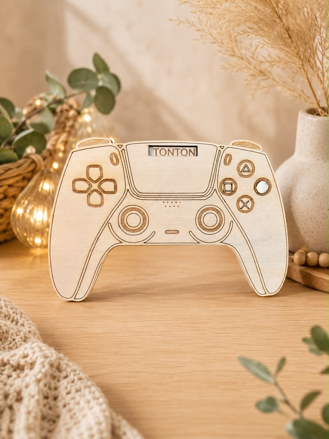 Support de manette PS5 personnalisé en bois gravé avec le message "Tonton niveau Parrain débloqué", présenté comme cadeau original pour un futur parrain gamer.