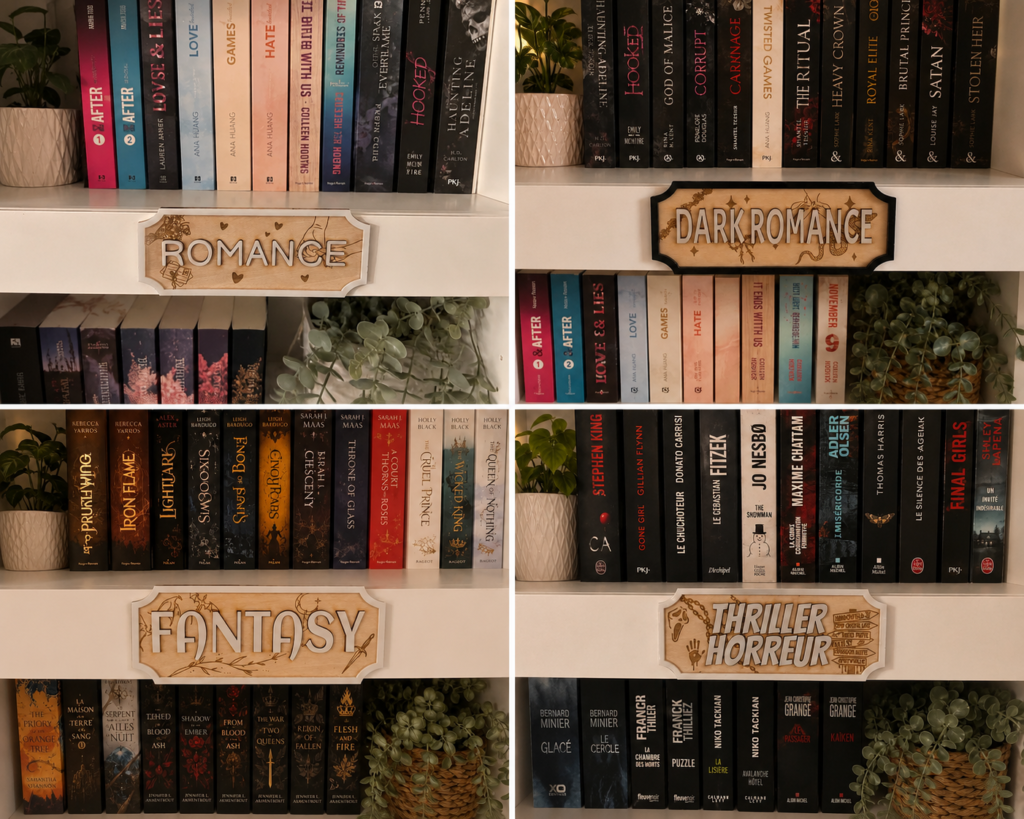 Collage de quatre séparateurs de bibliothèque en bois gravé et acrylique installés sur des étagères remplies de livres. Chaque séparateur représente un genre littéraire différent : Romance, Dark Romance, Fantasy et Thriller/Horreur. Les plaques sont fabriquées avec un fond en bois gravé, des lettres et un contour en acrylique, et sont mises en scène dans une bibliothèque décorée de plantes, créant une ambiance chaleureuse et élégante.