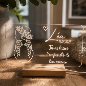 Veilleuse bébé ange personnalisée en acrylique gravé avec prénom, date et message. Un hommage lumineux et délicat, fabriqué artisanalement en France.