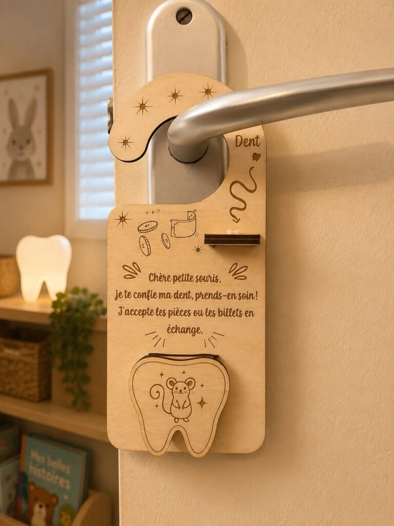 Accroche-porte en bois pour la Petite Souris avec support pour dent de lait et emplacement pour une pièce ou un billet, suspendu à une poignée de porte.