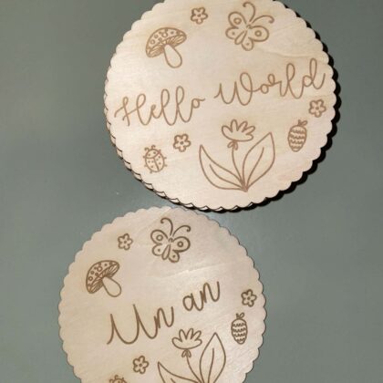 Ensemble de cartes étapes bébé en bois gravées au laser, comprenant les 12 mois de bébé, une carte Hello World et 6 cartes souvenirs pour les premières grandes étapes de sa vie.