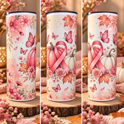 Tumbler 20 oz aux tons roses et automnaux, décoré d’un ruban rose, de fleurs, de papillons, de feuilles d’automne et de citrouilles.